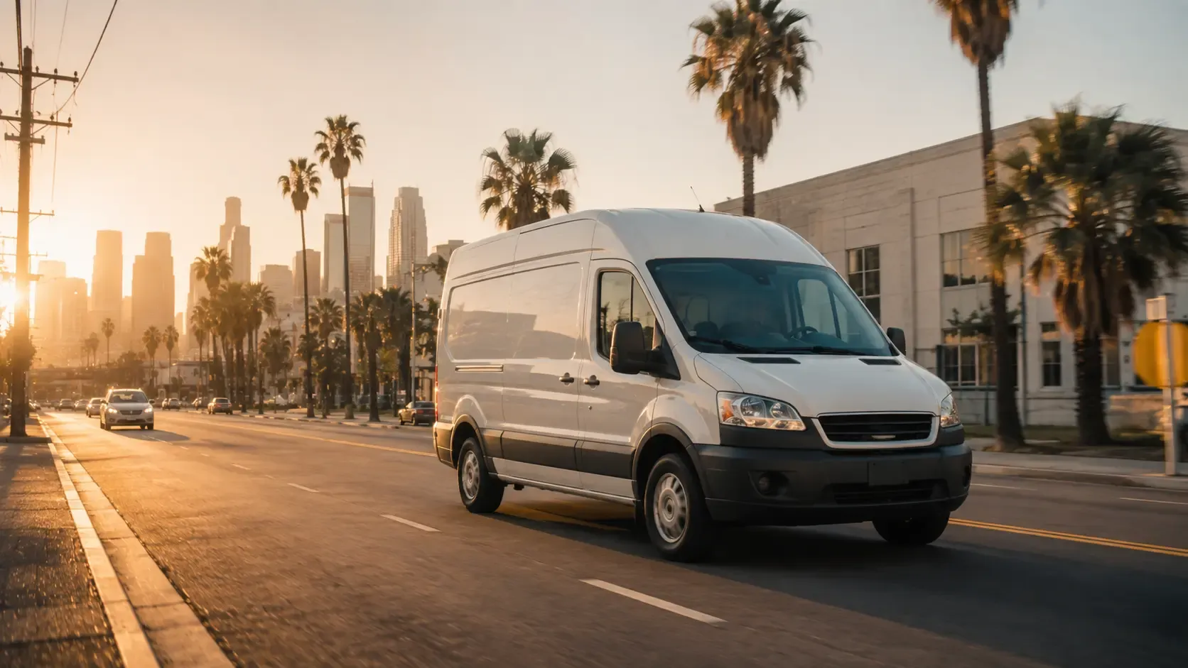 Camioneta de carga blanca circulando por una calle de Los Ángeles al atardecer
