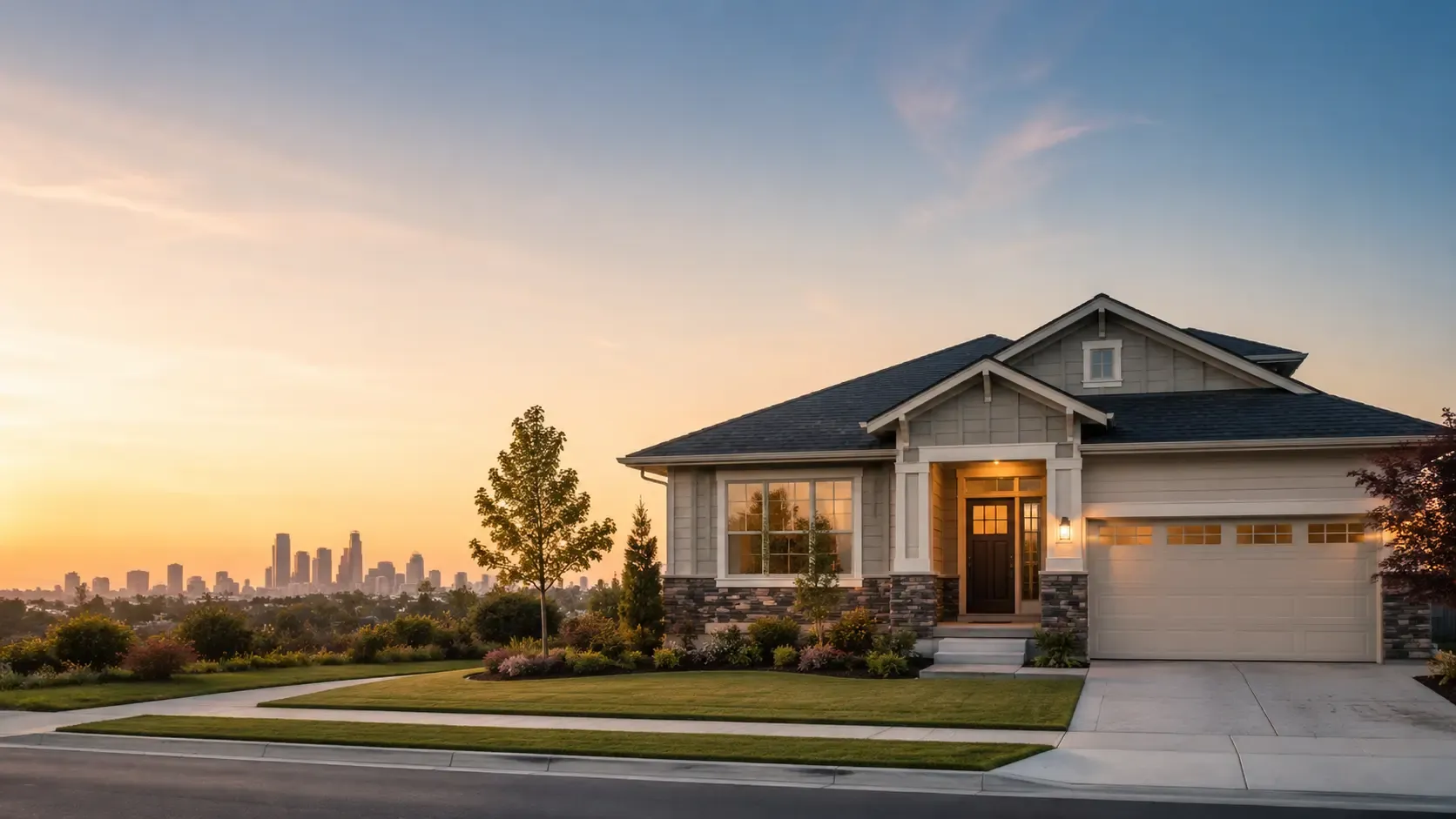 Casa unifamiliar en California al atardecer con la silueta de la ciudad al fondo